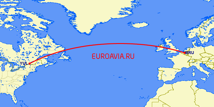 перелет Монреаль — Брюссель на карте
