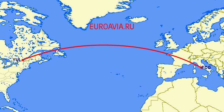 перелет Монреаль — Рим на карте