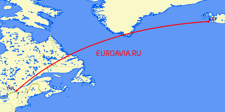 перелет Монреаль — Рейкьявик на карте