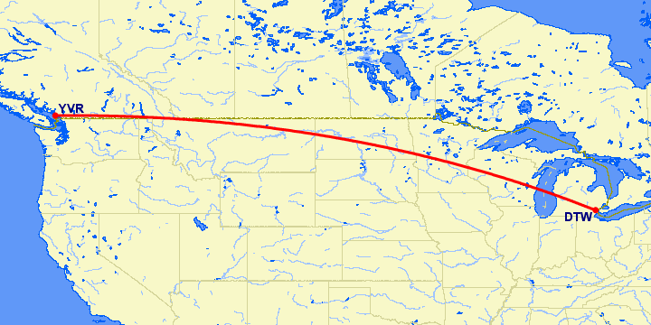 перелет Ванкувер — Детройт на карте