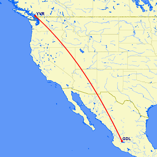 перелет Ванкувер — Гуадалахара на карте