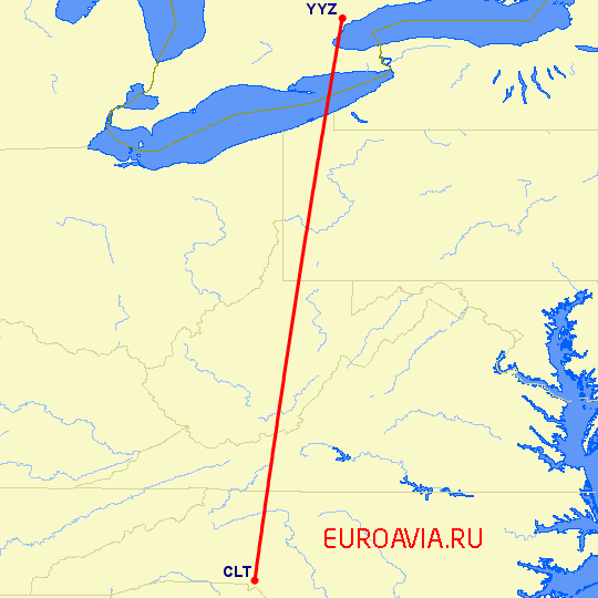 перелет Торонто — Шарлотт на карте