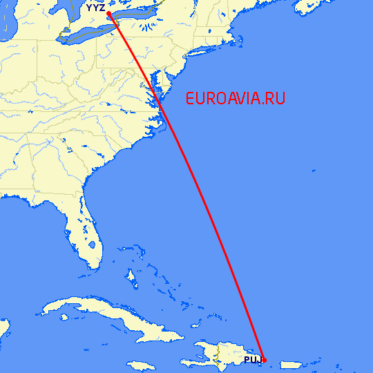 перелет Торонто — Пунта Кана на карте