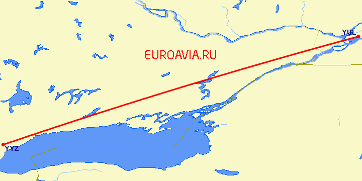 перелет Торонто — Монреаль на карте
