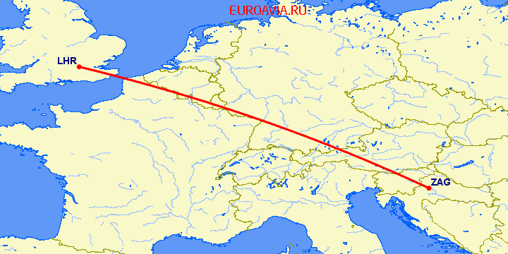 перелет Загреб — Лондон на карте