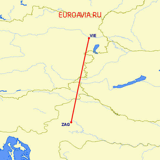 перелет Загреб — Вена на карте