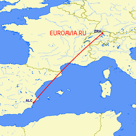 перелет Цюрих — Аликанте на карте