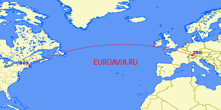 перелет Цюрих — Бостон на карте
