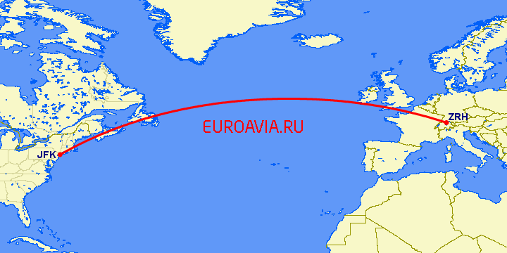перелет Цюрих — Нью Йорк на карте