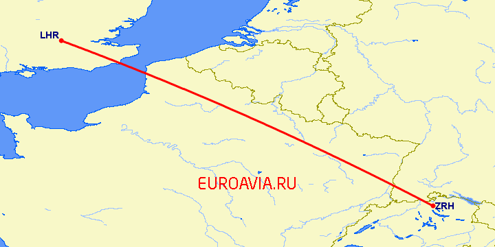перелет Цюрих — Лондон на карте