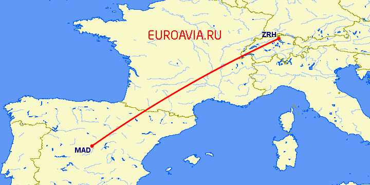 перелет Цюрих — Мадрид на карте