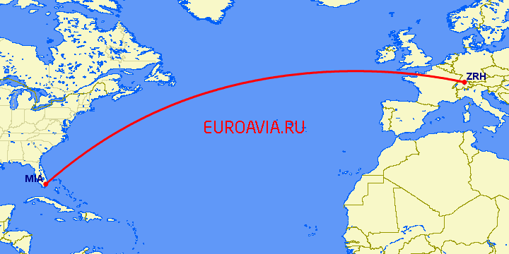 перелет Цюрих — Майами на карте