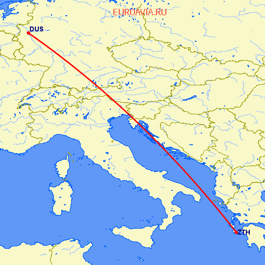 перелет Закинтос — Дюссельдорф на карте